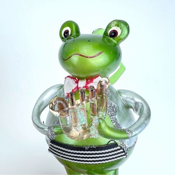 Blown Glass Christopher Radko Musician Green Frog Ornament With Instrument - Picture 5 of 6